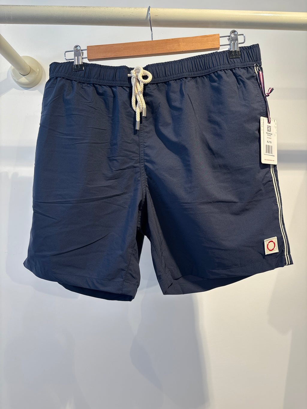 Public beach dark blue and white strip swimwear ￼￼￼